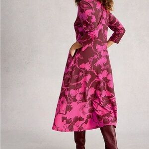 White Stuff Dark Pink RUA Jersey Dress Floral Pink and Brown Midi Dress 6 NWT